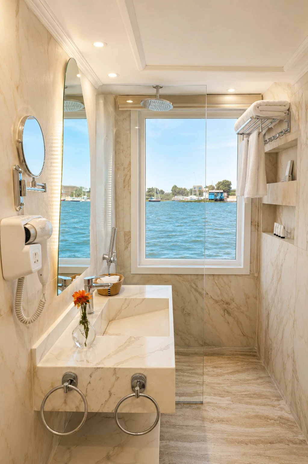 Luxury cabin bathroom aboard Hathor Dahabiya