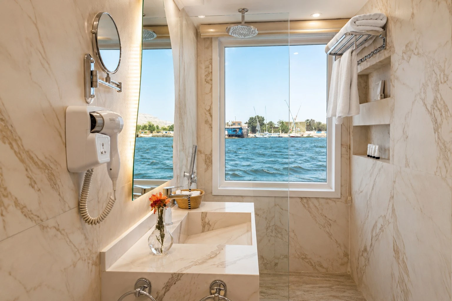 Cabin bathroom with Nile view