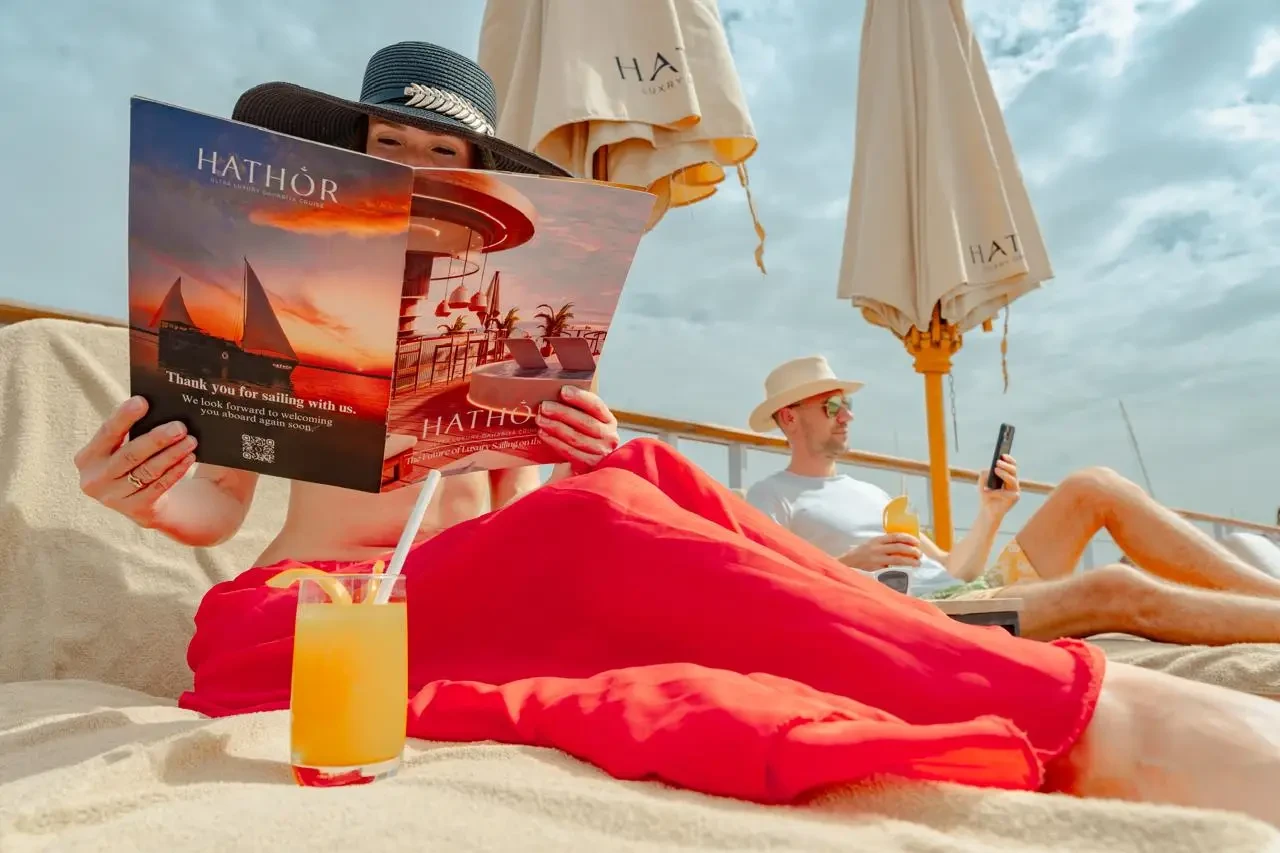 ultra-luxury Hathor Dahabiya Cruise sailing along the Nile River in Egypt